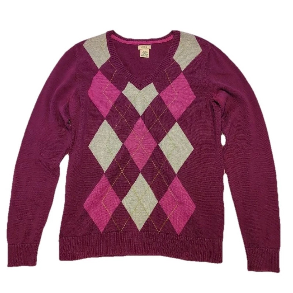 Y2K Izod Argyle Vneck Sweater Women M Purple Pink 100% Cotton Soft Girl